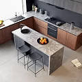 Modern Open Kitchen Interior With Wooden Cabinets Marble Island Counter Bar Stools And Sink