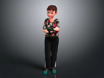 Young Boy Wearing Floral Shirt And Black Pants Standing With Crossed Arms 3d model