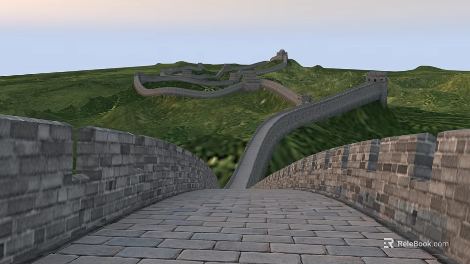 Scenic Great Wall Landscape With Winding Stone Paths Green Hills And Sunset View 3d model 
