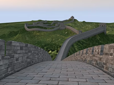 Scenic Great Wall Landscape With Winding Stone Paths Green Hills And Sunset View 3d model