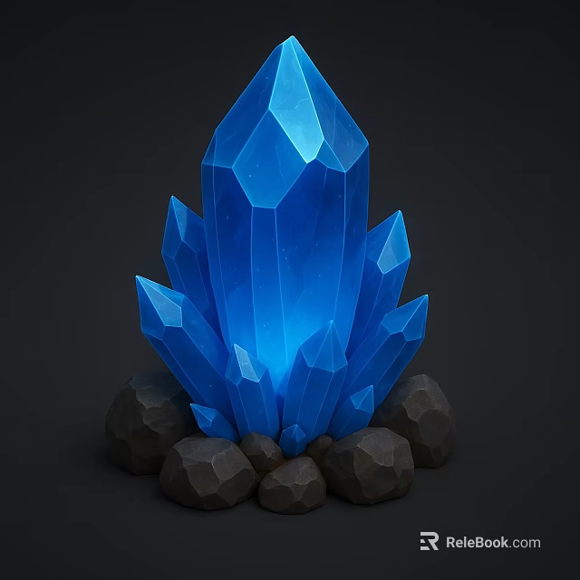 Shiny Blue Crystal Cluster With Polished Stone Base And Glowing Edges 3d model 