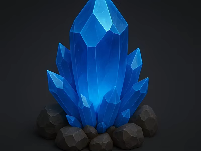 Shiny Blue Crystal Cluster With Polished Stone Base And Glowing Edges 3d model
