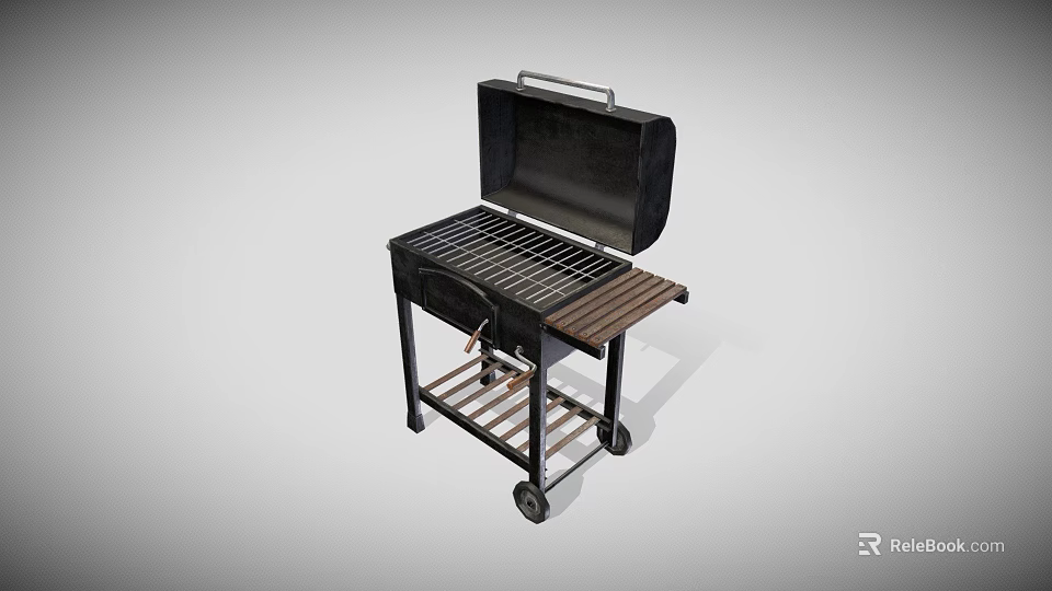 Portable Black Barbecue Grill With Rolling Wheels Metal Grate And Side Shelf 3d model 