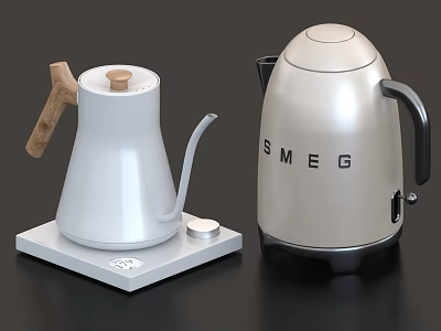 Daily Electrical Appliances Featuring White Wooden Handle Kettle On Base And SMEG Silver Electric Kettle 3d model