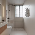 Modern Minimalist Bathroom Interior With White Tiles Shower Area Toilet And Wooden Vanity