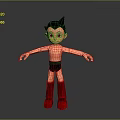 Cartoon Character Figure With Black Spiky Hair Large Eyes Green Belt Black Shorts Red Boots