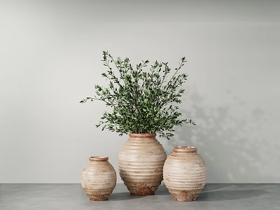 Potted Green Plant in Terracotta Pot with Two Smaller Pots on Gray Surface 3d model