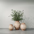 Potted Green Plant in Terracotta Pot with Two Smaller Pots on Gray Surface