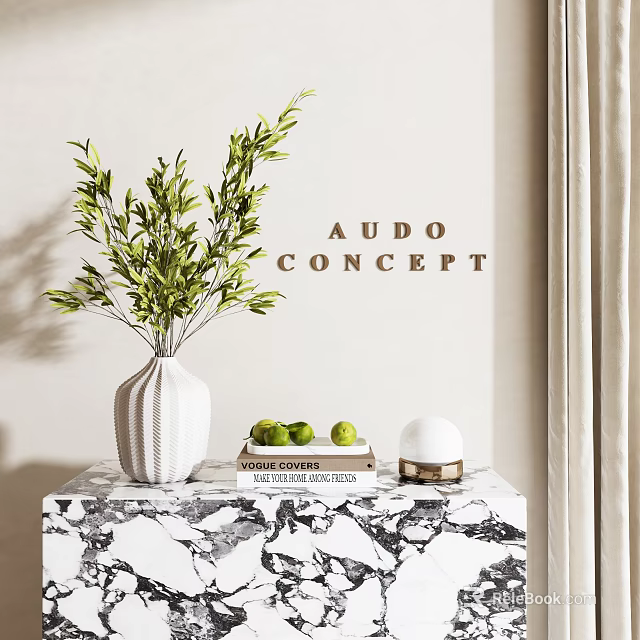 White Ribbed Vase With Greenery On Marble Tabletop And Decorative Items 3d model