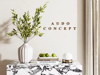 White Ribbed Vase With Greenery On Marble Tabletop And Decorative Items 3d model