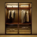 Modern Wooden Wardrobe Interior With Hanging Garments Storage Boxes And Drawers