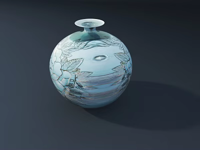 Elegant Blue Ceramic Vase With Intricate Floral Leaf Patterns Round Spherical Design 3d model