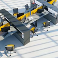 Modern Office Desk in Open Workspace with Computer Yellow Chair and Storage Cabinets
