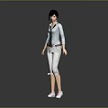Woman Wearing Light Blue Shirt Gray Pants Tie And White Sneakers On Reflective Gray Background