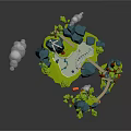 Floating Fantasy Island With Mountains Green Vegetation Bridge Buildings And Clouds