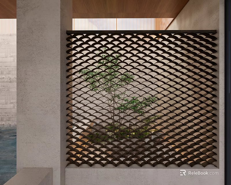 Modern Geometric Metal Room Divider With Green Plants And Concrete Wall 3d model 