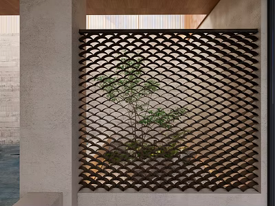 Modern Geometric Metal Room Divider With Green Plants And Concrete Wall 3d model