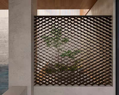Modern Geometric Metal Room Divider With Green Plants And Concrete Wall 3d model