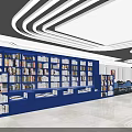 Modern Library Interior With Blue Bookshelves Curved Ceiling Light Strips And White Floor