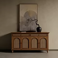 Wooden Entryway Cabinet Sideboard With Rattan Doors Decorative Painting And Black Vase