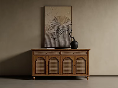 Wooden Entryway Cabinet Sideboard With Rattan Doors Decorative Painting And Black Vase 3d model