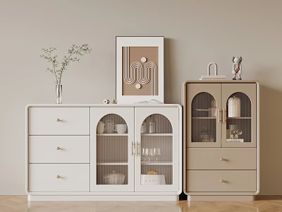 White And Beige Cabinets With Drawers Glass Doors And Decorative Items 3d model