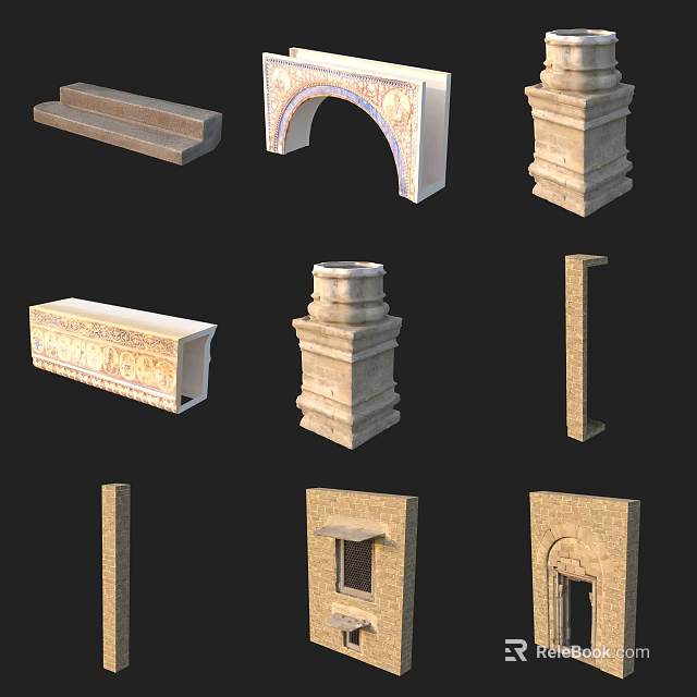 Traditional Stone Architectural Decorative Elements With Arches Columns Steps And Frames 3d model
