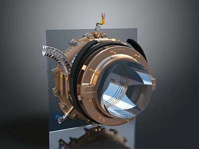 Advanced Precision Optical Equipment Featuring Circular Lens Metallic Casing And Connecting Structures On Transparent Base 3d model