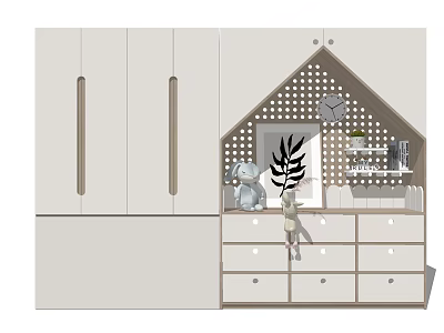 Modern White Wardrobe with Light Wood Accents House Shaped Perforated Dots Design and Decorative Elements 3d model