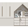 Modern White Wardrobe with Light Wood Accents House Shaped Perforated Dots Design and Decorative Elements