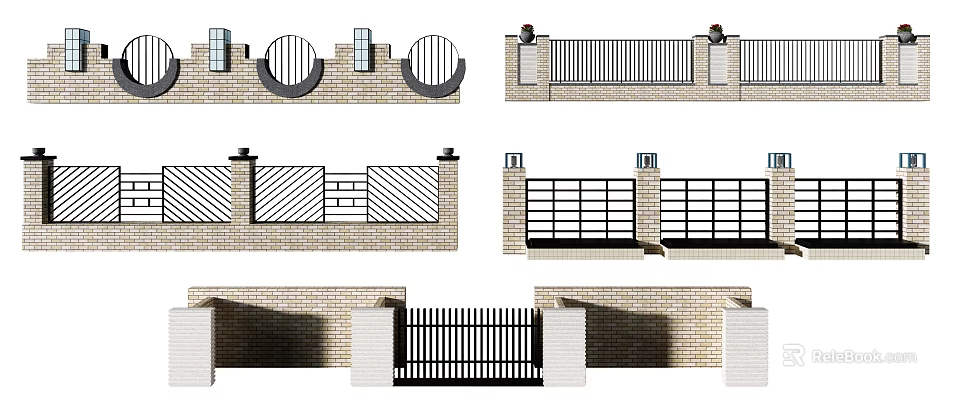 Brick Building Facade Design With Various Decorative Railings And Geometric Patterns 3d model