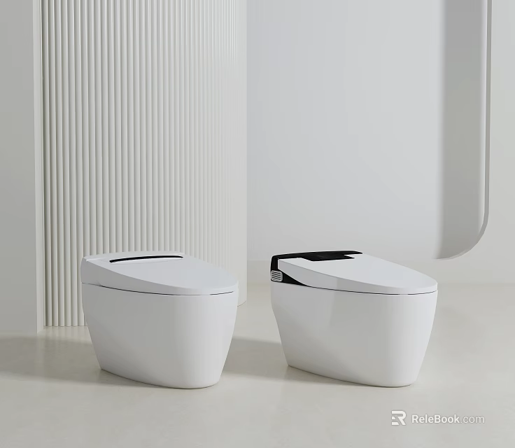 Two Modern White Toilets in Minimalist Bathroom Interior With Sleek Lid And Smooth Surface 3d model 