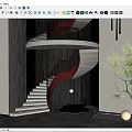 Modern Spiral Staircase With Red Handrail Illuminated Steps And Green Plant