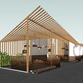 Modern Open Air Café Exterior With Wooden Structure And Green Plants