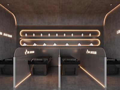 Modern Beauty Salon Interior Design With Grey Walls LED Strips Reclining Chairs And Partitions 3d model