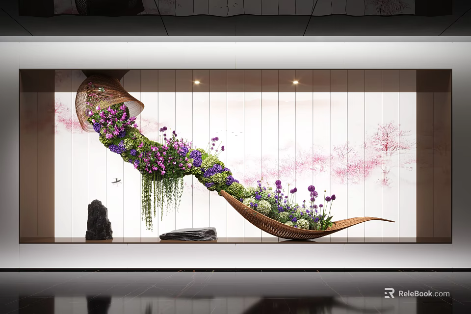Stunning Interior Landscape With Curved Floral Arrangement Purple Pink Blooms And White Wood Wall 3d model 