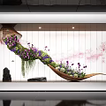 Stunning Interior Landscape With Curved Floral Arrangement Purple Pink Blooms And White Wood Wall