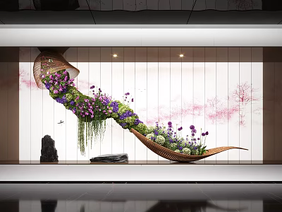 Stunning Interior Landscape With Curved Floral Arrangement Purple Pink Blooms And White Wood Wall 3d model