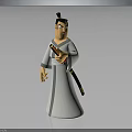 Cartoon Style Samurai Character In White Robe Holding Sword With Black Topknot And Serious Expression