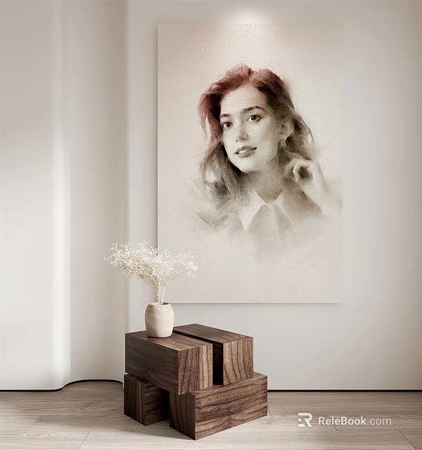 Portrait Painting of Woman with Red Hair Hanging on Wall with Vase on Wooden Stand 3d model 