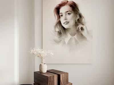 Portrait Painting of Woman with Red Hair Hanging on Wall with Vase on Wooden Stand 3d model