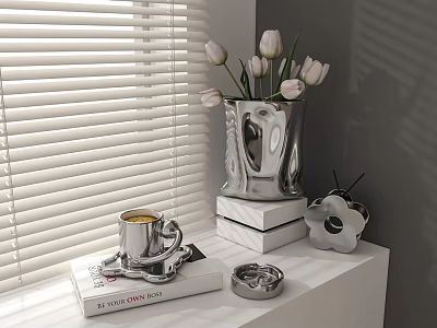 Silver Vase With White Tulips On White Shelf Near Window Blinds And Decorative Items 3d model