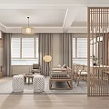 Modern Chinese Living and Dining Room Interior With Sofa Coffee Table Pendant Light And Piano