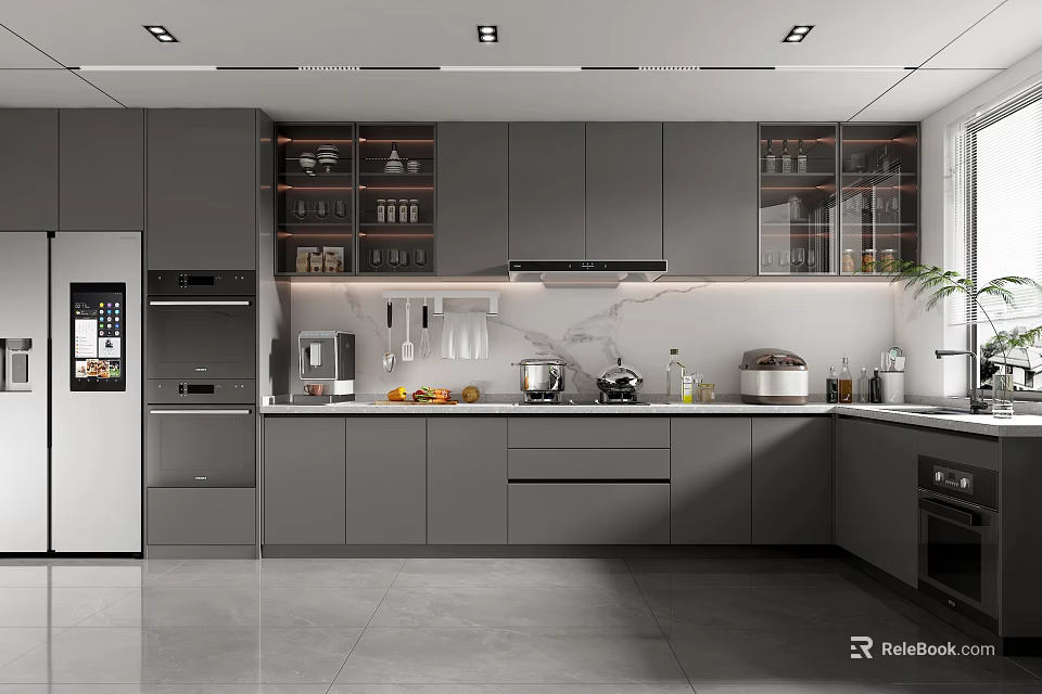 Modern Kitchen Interior Design With Gray Cabinets Glass Door Upper Cabinets And Appliances 3d model 