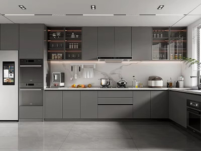 Modern Kitchen Interior Design With Gray Cabinets Glass Door Upper Cabinets And Appliances 3d model