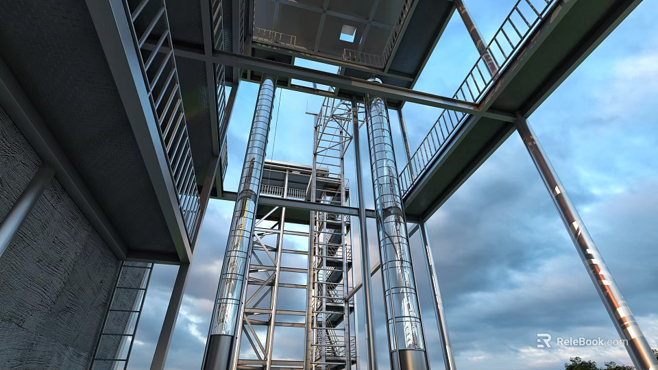 Industrial Equipment Metal Structure Staircase With Glass Curtain Wall In Industrial Facility Design 3d model 