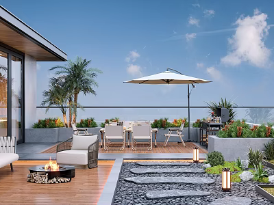 Relaxing Scenic Rooftop Garden With Outdoor Furniture Fire Pit Umbrella Lush Plants And Stone Pathway 3d model