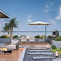 Relaxing Scenic Rooftop Garden With Outdoor Furniture Fire Pit Umbrella Lush Plants And Stone Pathway