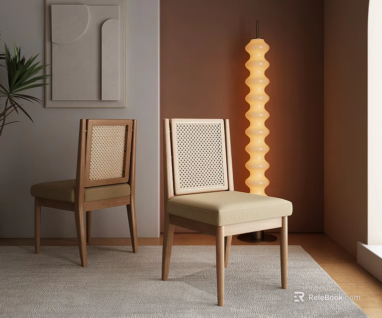 Modern Wooden Dining Chairs With Rattan Back And Beige Cushion In Interior With Floor Lamp 3d model 