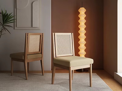 Modern Wooden Dining Chairs With Rattan Back And Beige Cushion In Interior With Floor Lamp 3d model